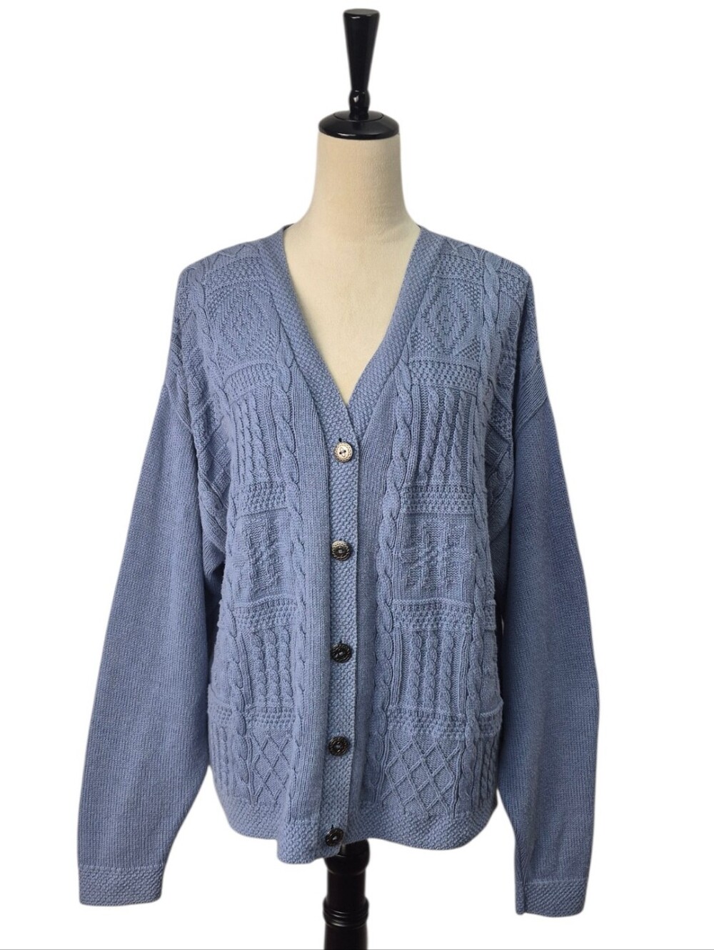 VTG L. L. Bean Cable Knit Cardigan Sweater Sz L Blue Fisherman Coastal Cottage